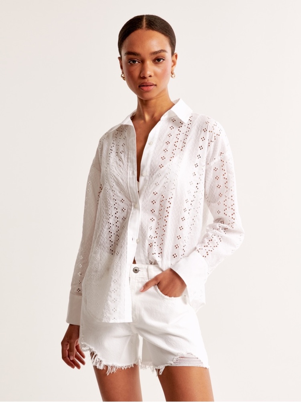 NWT Abercrombie & Fitch White Eyelet Cotton Button-Up Shirt | Oversized | Size L